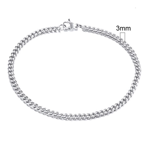 Top view of 3mm silver stainless steel Cuban link chain with secure lobster clasp