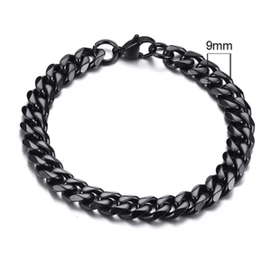Detailed view of a 9mm wide black stainless steel Cuban link bracelet on white background