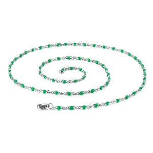 Minimalist silver steel chain necklace featuring green oval beads in a spiral layout