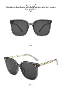 Détail de lunettes de soleil gris transparent avec branches en métal doré de style chaîne