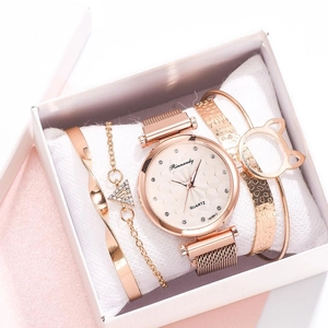 Rose gold watch and jewelry set with cat ear bracelet and rhinestone ring in a gift box