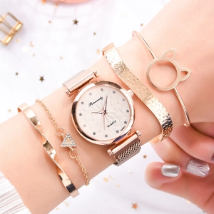 Women's rose gold watch and bracelet set featuring cat ear bangle and floral mesh band