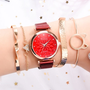 Women's quartz watch with red mesh strap and dial including three gold bracelets
