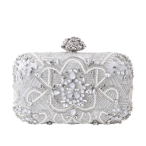 Elegant white evening clutch bag with white pearls, crystals and silver floral beadwork