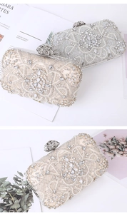 Detail of evening clutch with champagne and silver sequins, floral beadwork and crystal clasp