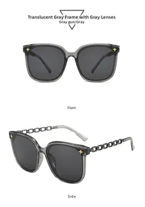 Détails des lunettes de soleil carrées gris transparent avec étoiles dorées et branches chaîne