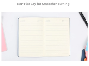Detail showing 180-degree lay-flat binding and lined inner pages of the blue notebook