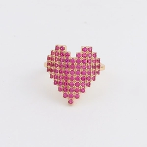 Fashionable 18K gold plated adjustable open heart ring with sparkling pink stones