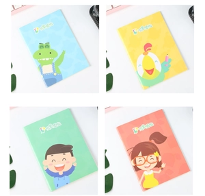 Set of colorful A5 student notebooks in blue, yellow, green, and red covers