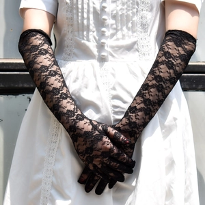 Elegant 43cm long black lace gloves with floral pattern for UV protection and summer sun