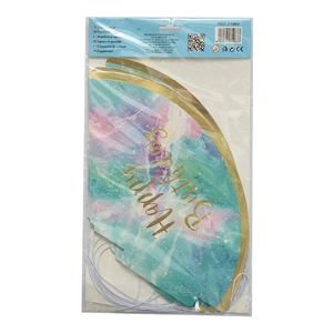 Detail of gradient cardboard birthday party hats in packaging with CE certification logo