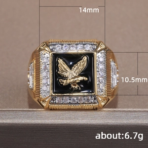 Men's gold-plated eagle ring with black enamel and white zircon stones inlay