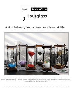 Detailed view of six vintage wood and metal hourglasses with colorful sand and glass globes