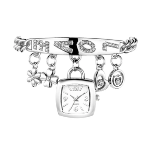 Orologio a bracciale in argento al quarzo donna con strass LOVE e ciondoli a cuore