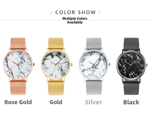 Four minimalist quartz watches with marble pattern dials and Milanese mesh bands