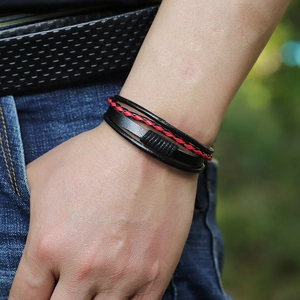 Handmade woven multilayer leather bracelet in black and red for men with adjustable cord