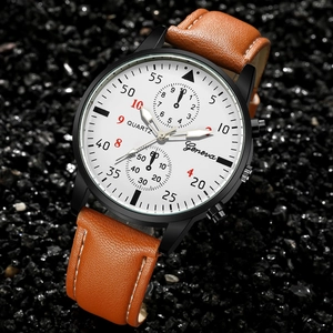 Slim men's business watch with white dial, black metal case and brown leather strap