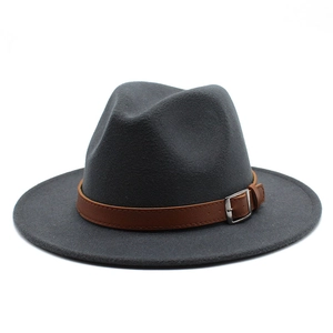 Detailed close-up of dark grey wool fedora with a brown leather belt and silver buckle
