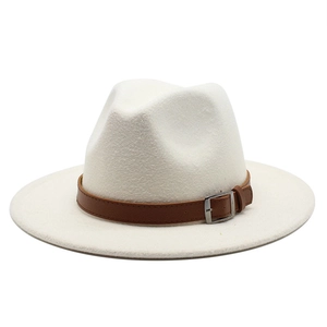 Elegant white wool felt fedora hat with a wide brim and brown leather belt trim