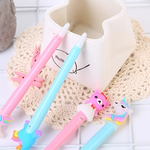 Creative unicorn cartoon light-up pens in pink and blue colors for cute school stationery