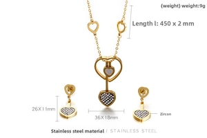 Détail de la parure de bijoux cœur en acier inoxydable avec dimensions et zircon cubique