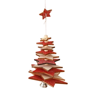 3D wooden Christmas tree hanging ornament with stars, red beads and a silver bell