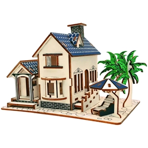 Detailed 3D wooden puzzle model featuring a resort villa with palm trees and beach chairs