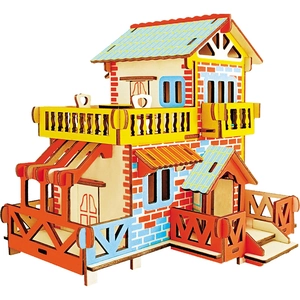 Detailed view of a multi-layer 3D wooden DIY puzzle house model with balcony details