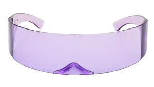 Front view of purple translucent futuristic cyberpunk shield sunglasses on white background