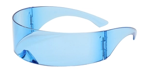 Close-up of blue transparent futuristic cyberpunk visor glasses with minimalist tech design
