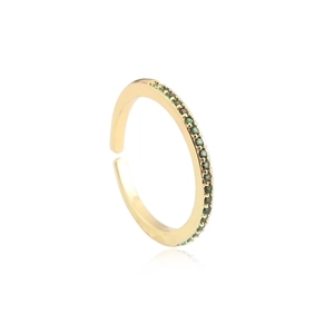 Detail of gold open ring featuring micro-pave green crystals and adjustable band