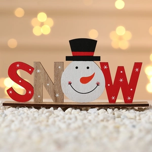 Christmas wooden SNOW letter ornament with snowman head and red star patterns on base