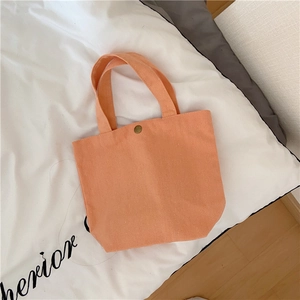 Detail of a peach canvas lunch bag featuring a vintage gold magnetic snap closure