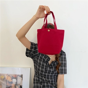 Detail of a red canvas handbag with gold button closure held by a model in a studio