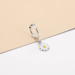 Minimalist stainless steel daisy charm hoop earrings for men and women on a neutral background