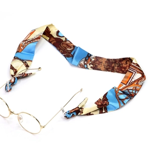 Classic round gold glasses with vintage horse carriage print silk ribbon eyewear chain