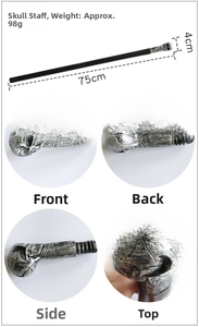 Detail of 75cm Halloween skull scepter showing textured skull head and overall dimensions