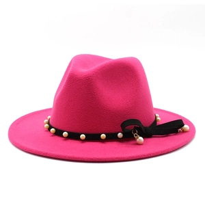 Elegant rose red wool fedora for women with pearl chain band and chic black bow detail
