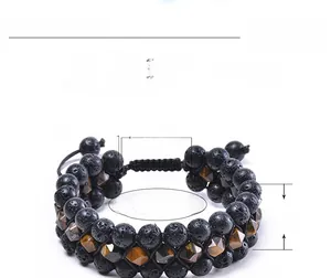 Detailed size specifications for three-row lava and tiger eye stone braided bracelet