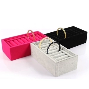 Velvet jewelry display trays for rings and bracelets in rose red, grey and black colors