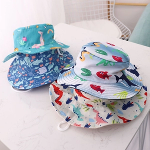 Detail of assorted digital print kids bucket hats with adjustable windproof drawstrings