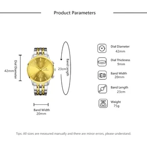 Detailed size chart for men's business quartz watch showing 42mm dial and 20mm band width