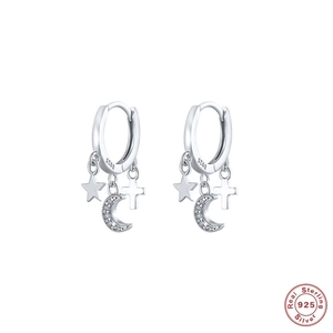S925 sterling silver hoop earrings with hanging cross star and moon cubic zirconia charms