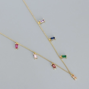 Detail of gold S925 silver necklace featuring colorful rectangular zircon pendants