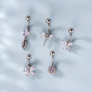 5-piece set of butterfly and dragonfly steel belly rings with micro-pave zircons