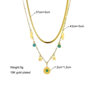 Double-layer 18K gold plated chain necklace with turquoise pendant and star charms
