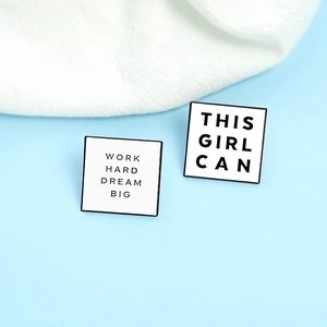 Minimalist enamel square brooches with Work Hard and This Girl Can motivational text