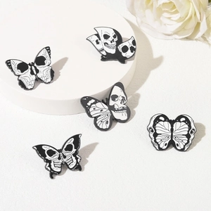 5-piece set of dark gothic skull butterfly enamel pins in black and white finish