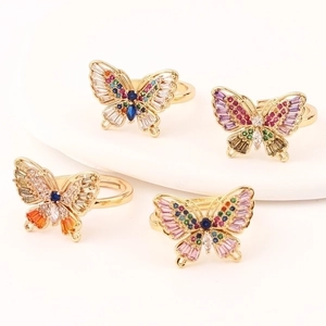 Sparkling butterfly open rings with multi-colored cubic zirconia in 18K gold plating