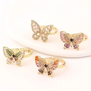 Elegant gold butterfly rings with colorful cubic zirconia stones and adjustable bands